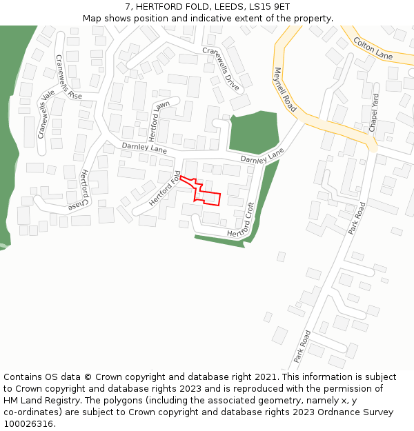 7, HERTFORD FOLD, LEEDS, LS15 9ET: Location map and indicative extent of plot