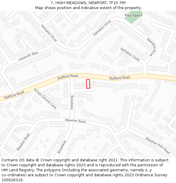 7, HIGH MEADOWS, NEWPORT, TF10 7RY: Location map and indicative extent of plot