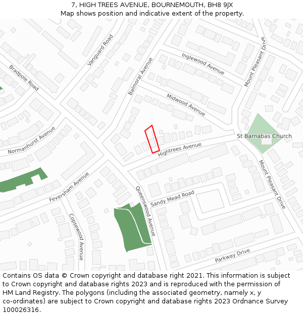 7, HIGH TREES AVENUE, BOURNEMOUTH, BH8 9JX: Location map and indicative extent of plot