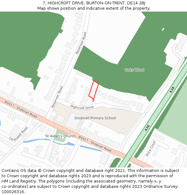 7, HIGHCROFT DRIVE, BURTON-ON-TRENT, DE14 2BJ: Location map and indicative extent of plot