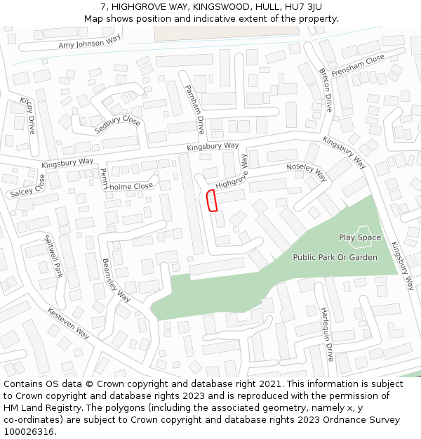 7, HIGHGROVE WAY, KINGSWOOD, HULL, HU7 3JU: Location map and indicative extent of plot