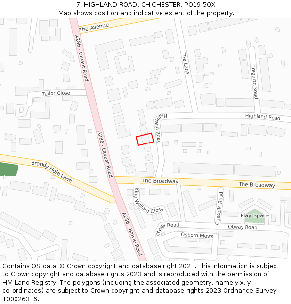 7, HIGHLAND ROAD, CHICHESTER, PO19 5QX: Location map and indicative extent of plot