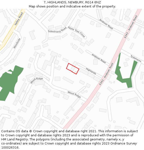 7, HIGHLANDS, NEWBURY, RG14 6NZ: Location map and indicative extent of plot