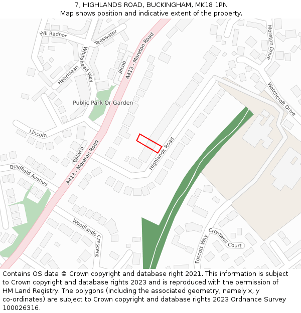 7, HIGHLANDS ROAD, BUCKINGHAM, MK18 1PN: Location map and indicative extent of plot