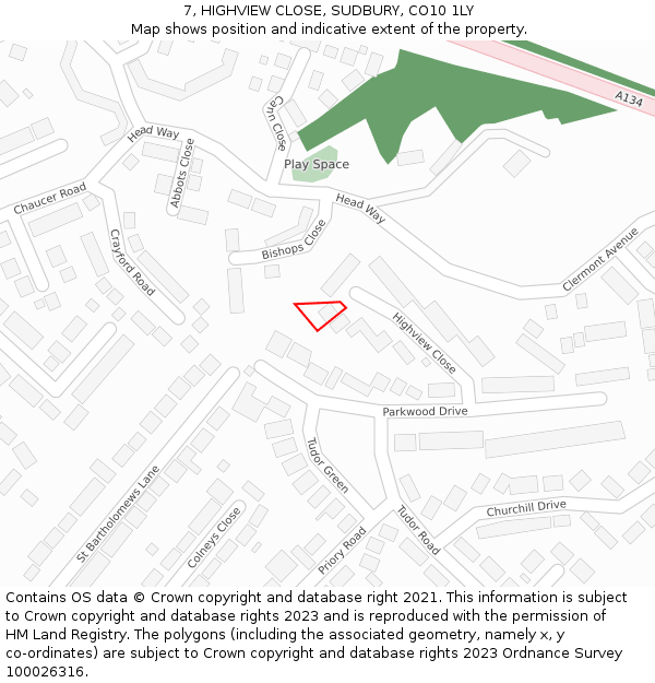 7, HIGHVIEW CLOSE, SUDBURY, CO10 1LY: Location map and indicative extent of plot