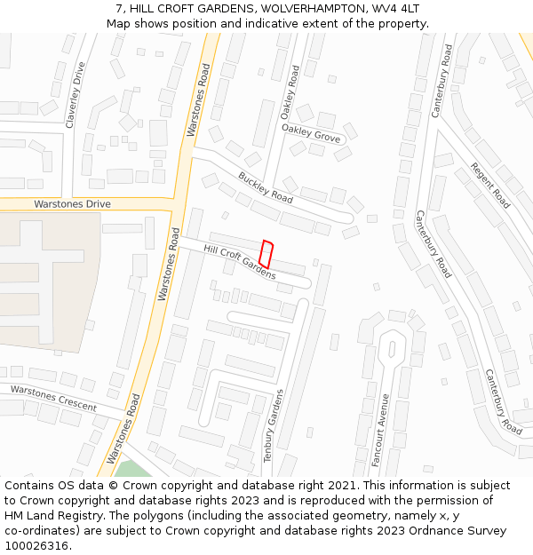 7, HILL CROFT GARDENS, WOLVERHAMPTON, WV4 4LT: Location map and indicative extent of plot