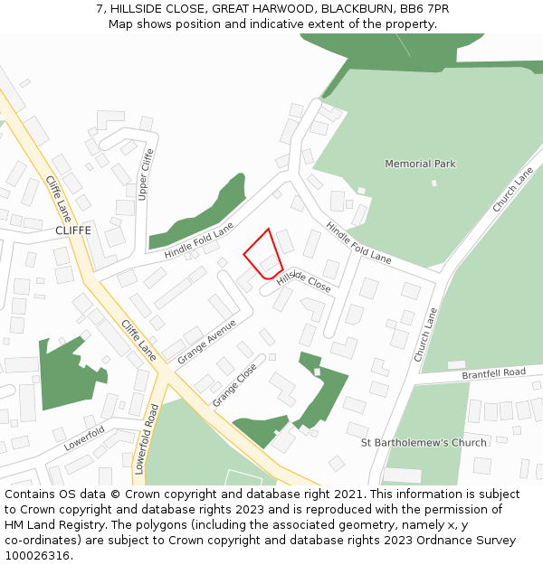 7, HILLSIDE CLOSE, GREAT HARWOOD, BLACKBURN, BB6 7PR: Location map and indicative extent of plot