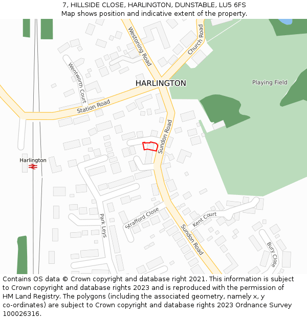 7, HILLSIDE CLOSE, HARLINGTON, DUNSTABLE, LU5 6FS: Location map and indicative extent of plot