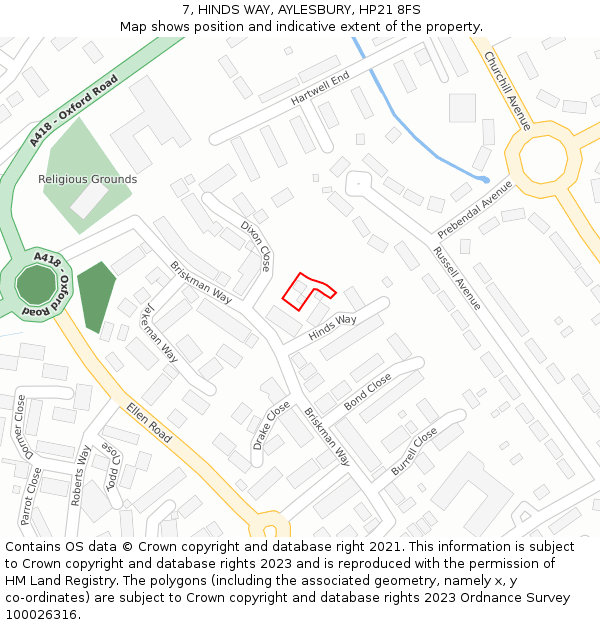 7, HINDS WAY, AYLESBURY, HP21 8FS: Location map and indicative extent of plot