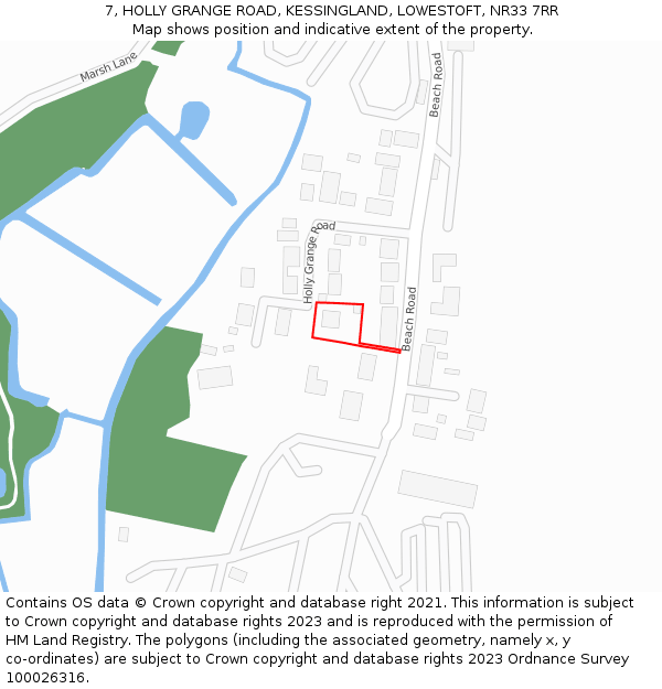 7, HOLLY GRANGE ROAD, KESSINGLAND, LOWESTOFT, NR33 7RR: Location map and indicative extent of plot