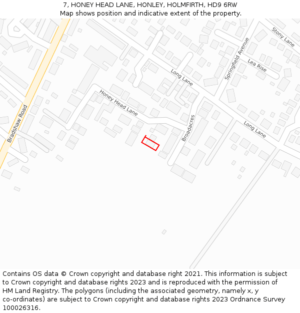 7, HONEY HEAD LANE, HONLEY, HOLMFIRTH, HD9 6RW: Location map and indicative extent of plot