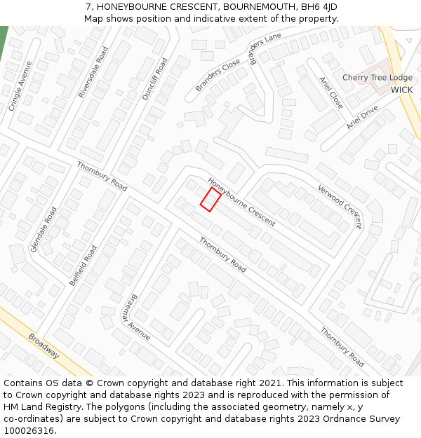 7, HONEYBOURNE CRESCENT, BOURNEMOUTH, BH6 4JD: Location map and indicative extent of plot