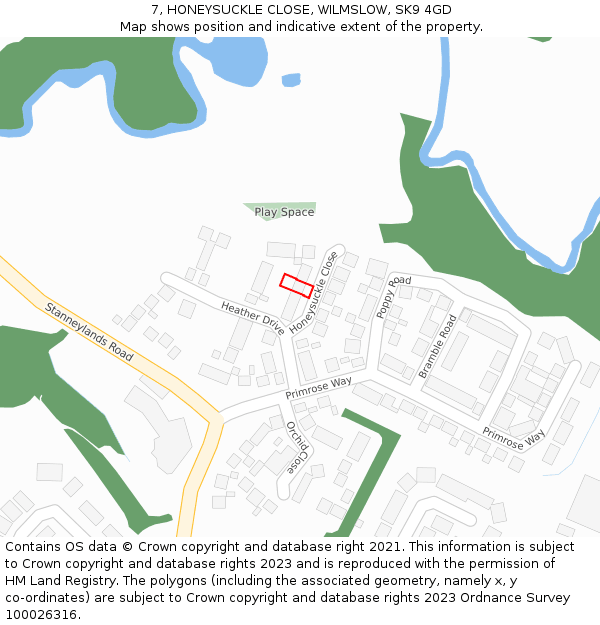 7, HONEYSUCKLE CLOSE, WILMSLOW, SK9 4GD: Location map and indicative extent of plot