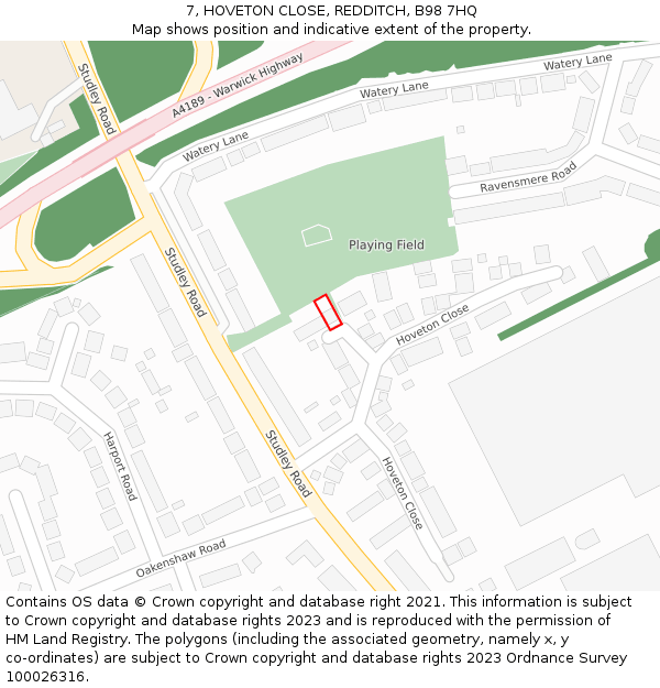 7, HOVETON CLOSE, REDDITCH, B98 7HQ: Location map and indicative extent of plot