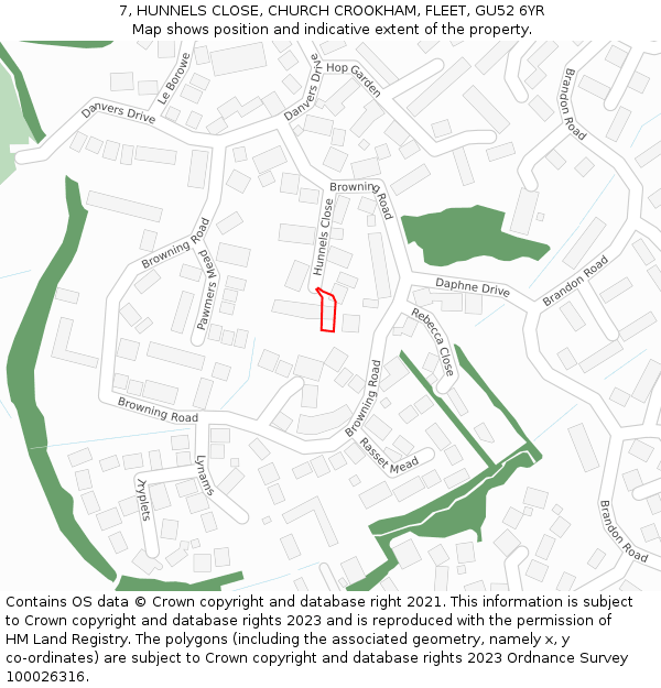 7, HUNNELS CLOSE, CHURCH CROOKHAM, FLEET, GU52 6YR: Location map and indicative extent of plot