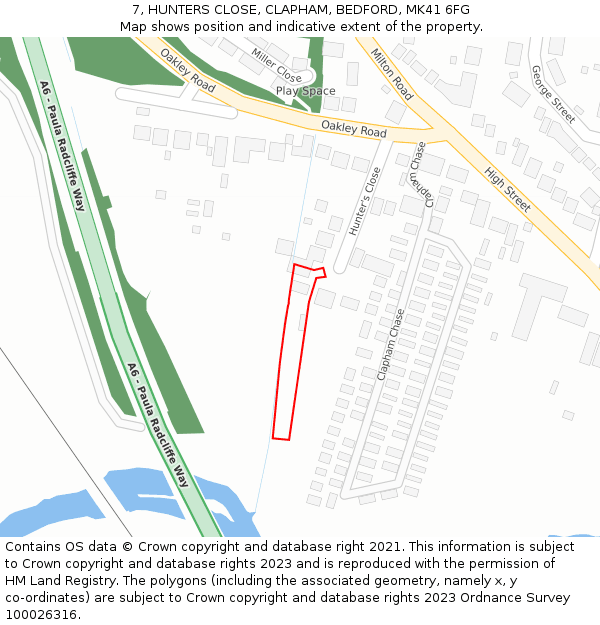 7, HUNTERS CLOSE, CLAPHAM, BEDFORD, MK41 6FG: Location map and indicative extent of plot