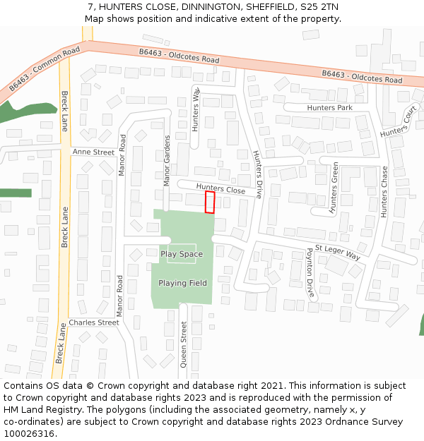 7, HUNTERS CLOSE, DINNINGTON, SHEFFIELD, S25 2TN: Location map and indicative extent of plot