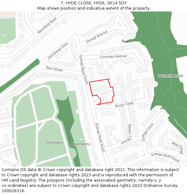 7, HYDE CLOSE, HYDE, SK14 5DY: Location map and indicative extent of plot