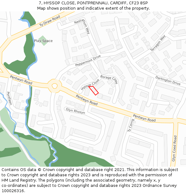 7, HYSSOP CLOSE, PONTPRENNAU, CARDIFF, CF23 8SP: Location map and indicative extent of plot