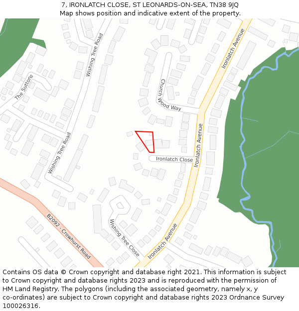 7, IRONLATCH CLOSE, ST LEONARDS-ON-SEA, TN38 9JQ: Location map and indicative extent of plot