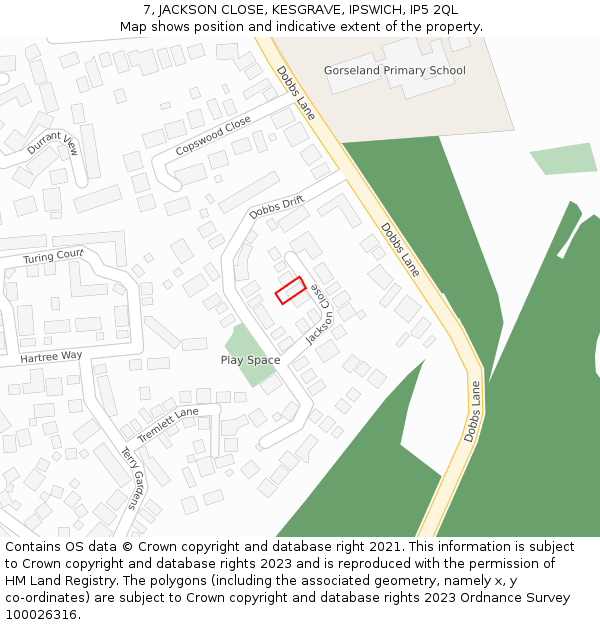 7, JACKSON CLOSE, KESGRAVE, IPSWICH, IP5 2QL: Location map and indicative extent of plot