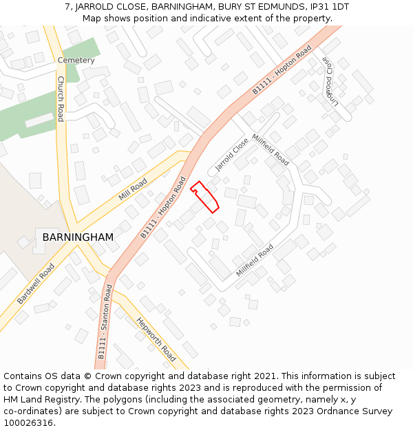 7, JARROLD CLOSE, BARNINGHAM, BURY ST EDMUNDS, IP31 1DT: Location map and indicative extent of plot