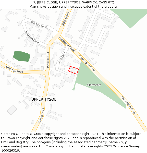 7, JEFFS CLOSE, UPPER TYSOE, WARWICK, CV35 0TQ: Location map and indicative extent of plot