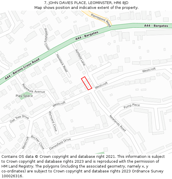 7, JOHN DAVIES PLACE, LEOMINSTER, HR6 8JD: Location map and indicative extent of plot