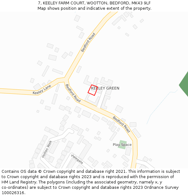 7, KEELEY FARM COURT, WOOTTON, BEDFORD, MK43 9LF: Location map and indicative extent of plot