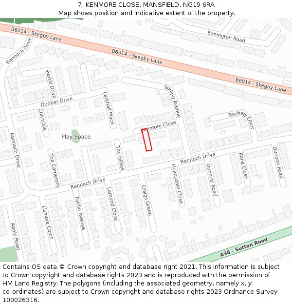 7, KENMORE CLOSE, MANSFIELD, NG19 6RA: Location map and indicative extent of plot
