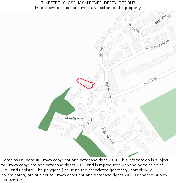 7, KESTREL CLOSE, MICKLEOVER, DERBY, DE3 0UR: Location map and indicative extent of plot