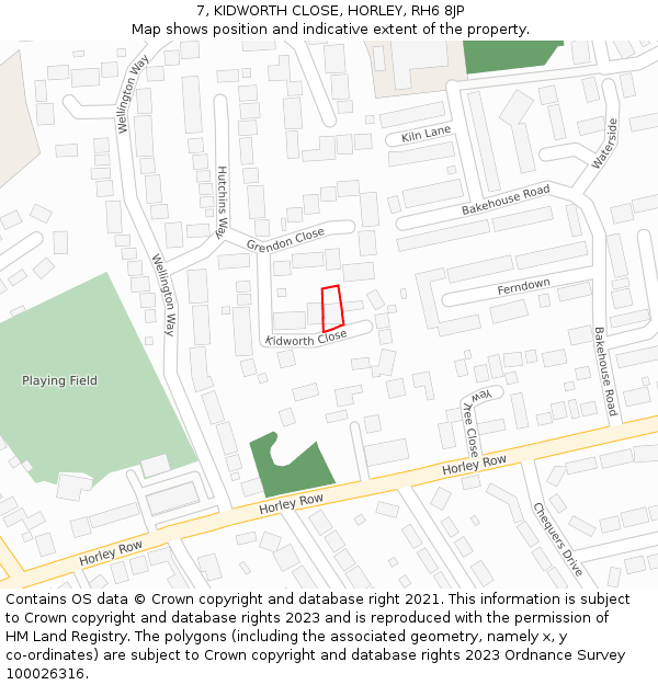 7, KIDWORTH CLOSE, HORLEY, RH6 8JP: Location map and indicative extent of plot