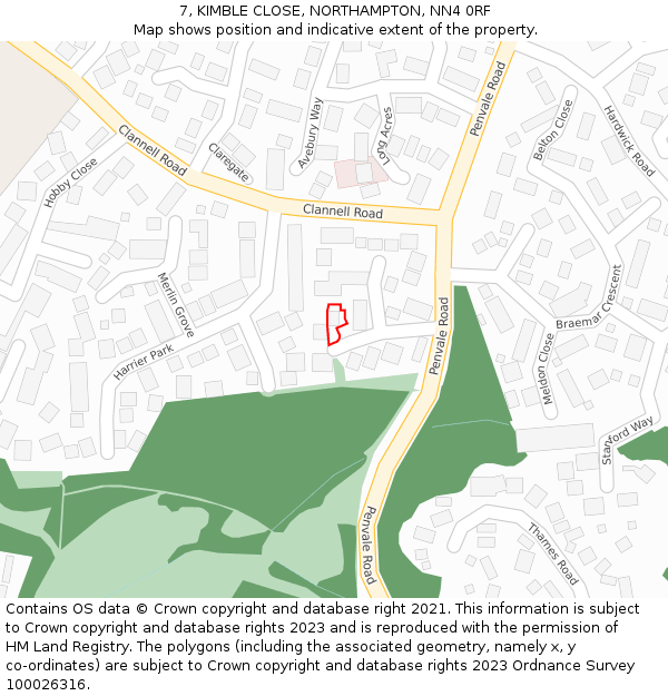7, KIMBLE CLOSE, NORTHAMPTON, NN4 0RF: Location map and indicative extent of plot