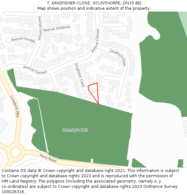 7, KINGFISHER CLOSE, SCUNTHORPE, DN15 8EJ: Location map and indicative extent of plot