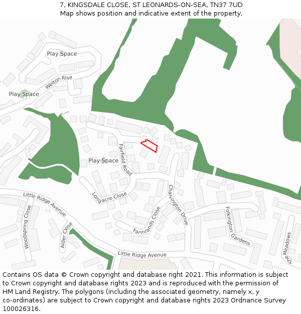 7, KINGSDALE CLOSE, ST LEONARDS-ON-SEA, TN37 7UD: Location map and indicative extent of plot