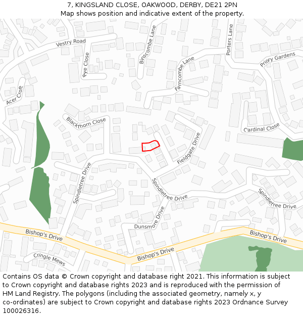 7, KINGSLAND CLOSE, OAKWOOD, DERBY, DE21 2PN: Location map and indicative extent of plot