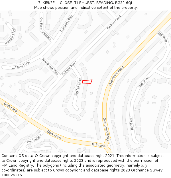 7, KIRKFELL CLOSE, TILEHURST, READING, RG31 6QL: Location map and indicative extent of plot