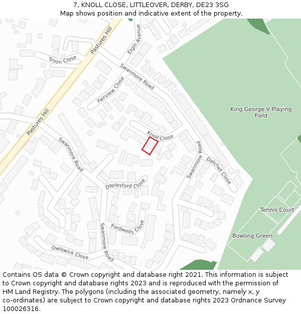 7, KNOLL CLOSE, LITTLEOVER, DERBY, DE23 3SG: Location map and indicative extent of plot