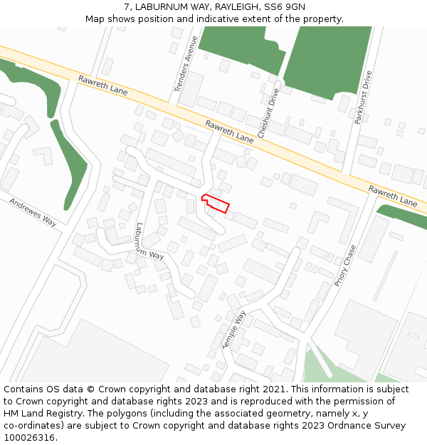 7, LABURNUM WAY, RAYLEIGH, SS6 9GN: Location map and indicative extent of plot