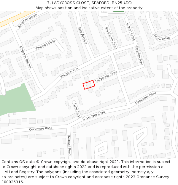7, LADYCROSS CLOSE, SEAFORD, BN25 4DD: Location map and indicative extent of plot