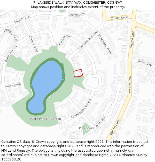 7, LAKESIDE WALK, STANWAY, COLCHESTER, CO3 8WT: Location map and indicative extent of plot