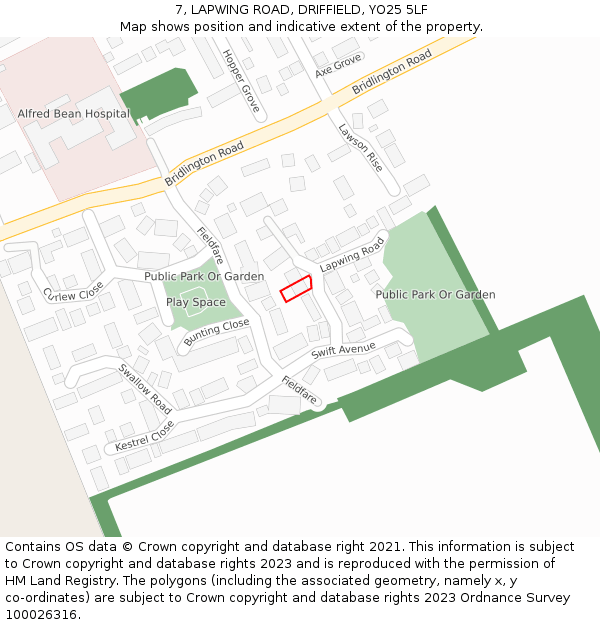7, LAPWING ROAD, DRIFFIELD, YO25 5LF: Location map and indicative extent of plot