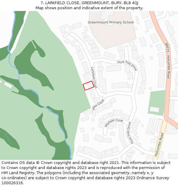7, LARKFIELD CLOSE, GREENMOUNT, BURY, BL8 4QJ: Location map and indicative extent of plot