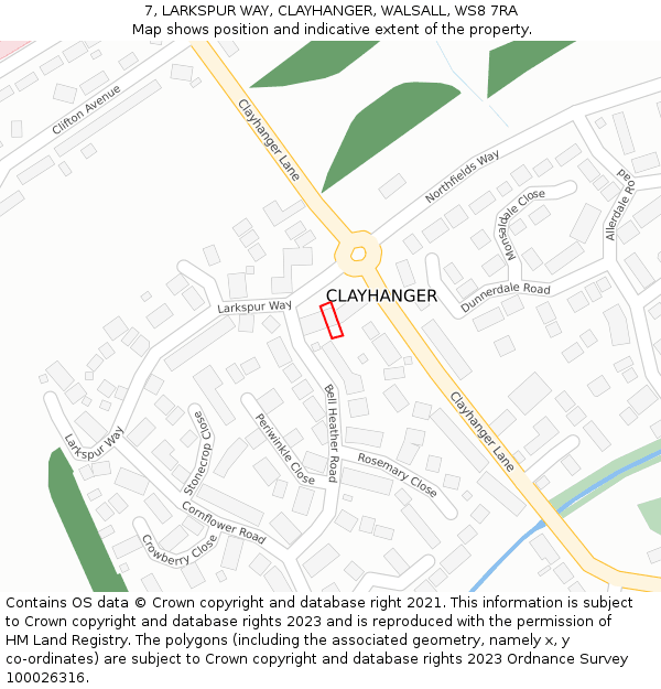 7, LARKSPUR WAY, CLAYHANGER, WALSALL, WS8 7RA: Location map and indicative extent of plot