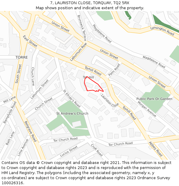 7, LAURISTON CLOSE, TORQUAY, TQ2 5RX: Location map and indicative extent of plot