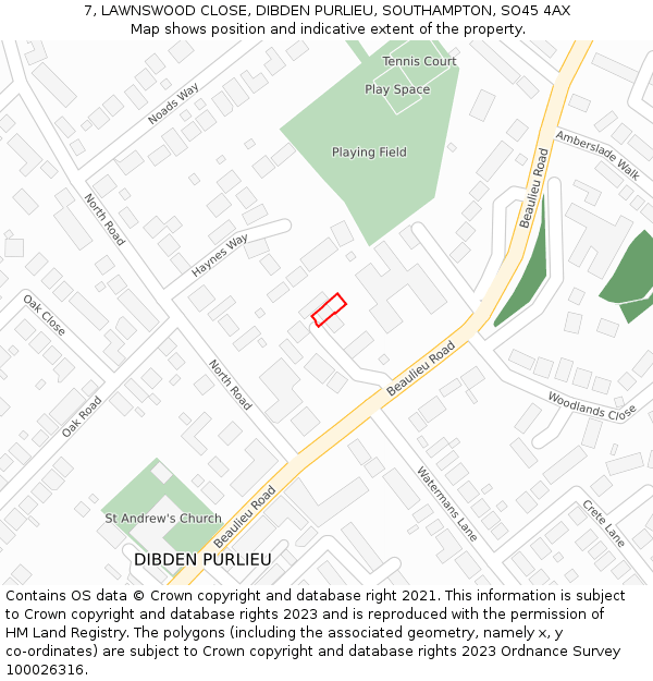 7, LAWNSWOOD CLOSE, DIBDEN PURLIEU, SOUTHAMPTON, SO45 4AX: Location map and indicative extent of plot