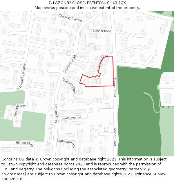 7, LAZONBY CLOSE, PRENTON, CH43 7QX: Location map and indicative extent of plot