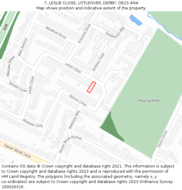 7, LESLIE CLOSE, LITTLEOVER, DERBY, DE23 4AW: Location map and indicative extent of plot