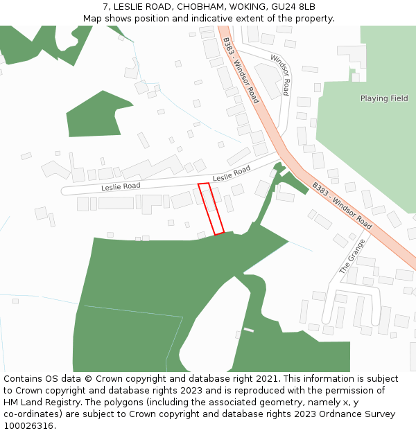 7, LESLIE ROAD, CHOBHAM, WOKING, GU24 8LB: Location map and indicative extent of plot