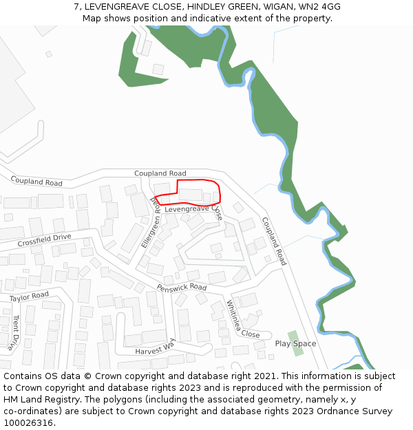 7, LEVENGREAVE CLOSE, HINDLEY GREEN, WIGAN, WN2 4GG: Location map and indicative extent of plot